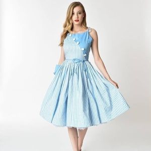 Unique Vintage Blue & White Stripe Swing Dress L